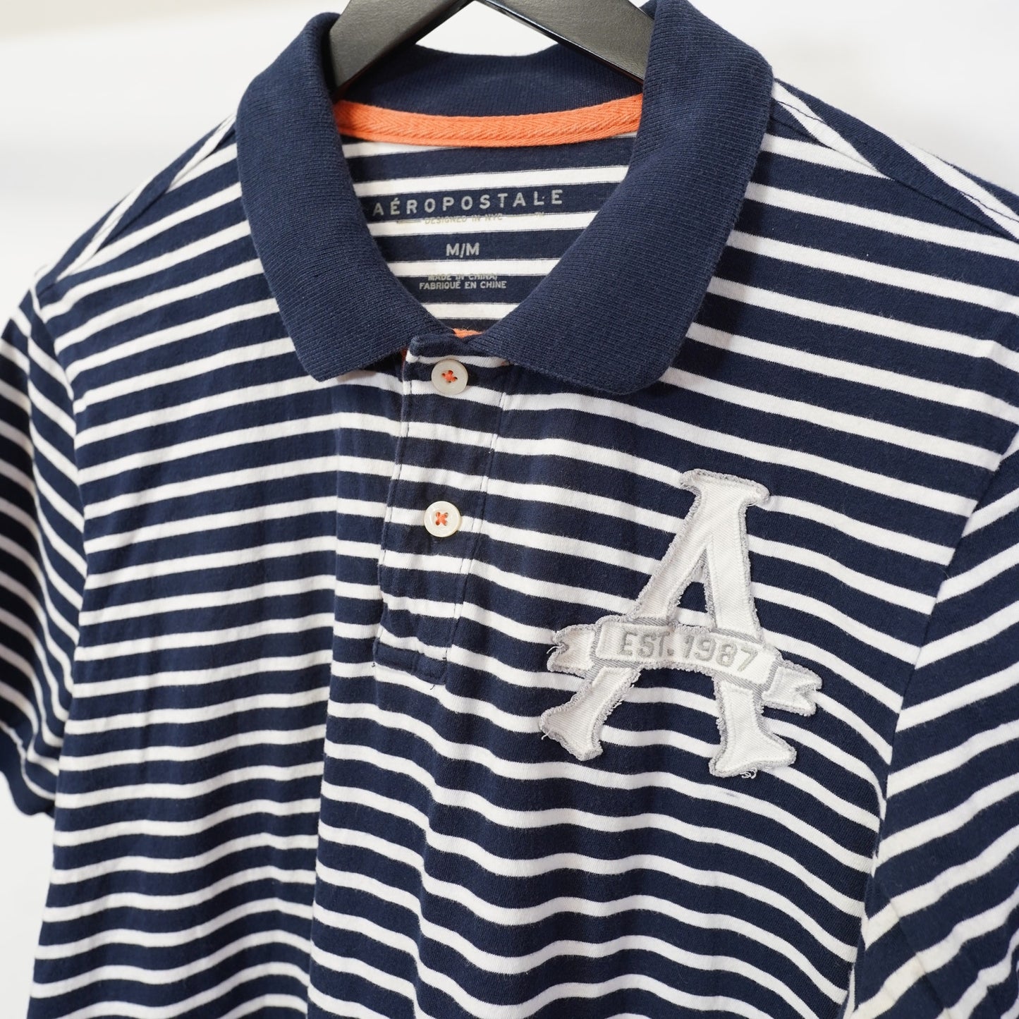 (M) Aeropostale Embroidered Striped Polo Shirt Y2K Men's M Blue White 2000s Preppy