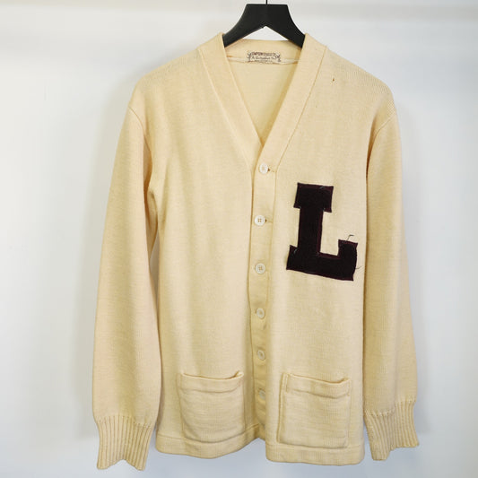 (S) True Vintage 1940s-50s Letterman Knit Wool Cardigan Sweater "L" Men's S Tan