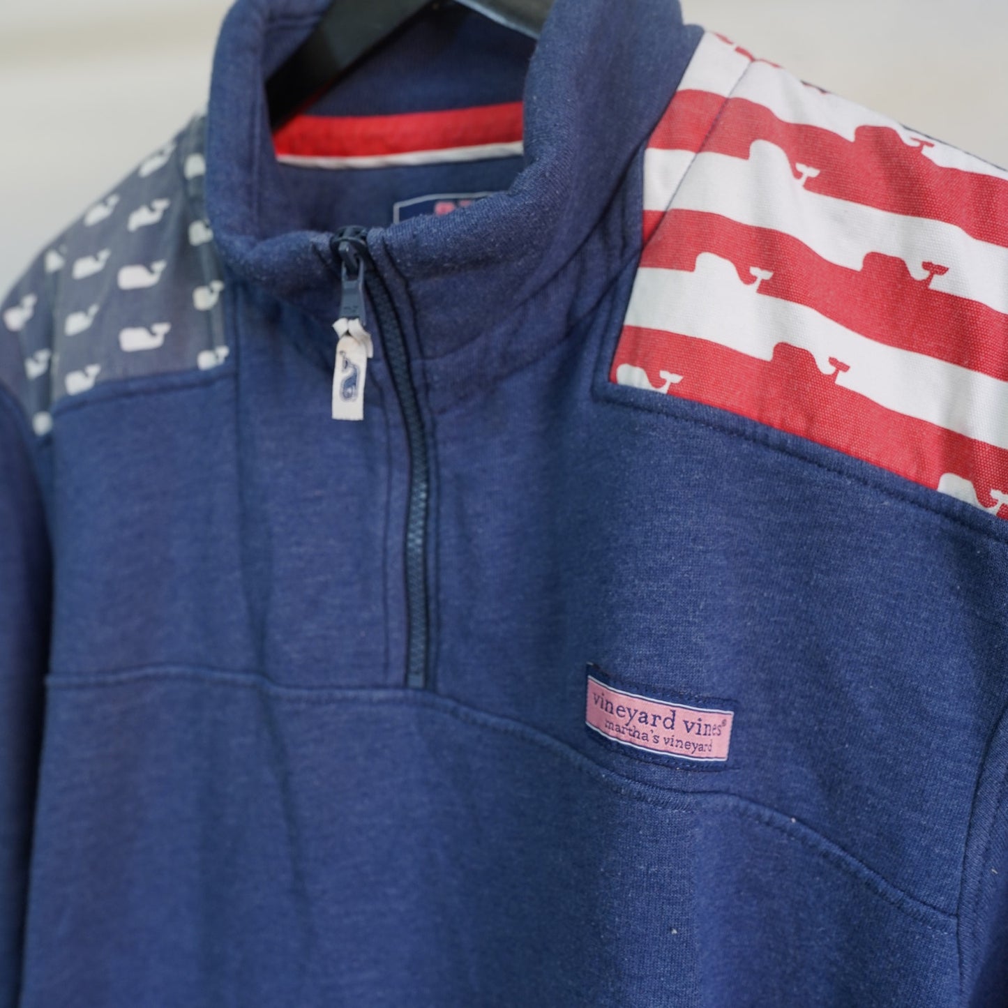 (L) Vineyard Vines Patriotic 1/4 Zip American Flag Sweater Men's L Blue Jacket Whale