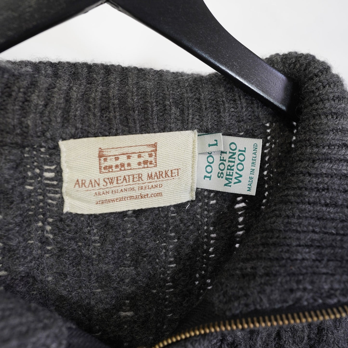 (L) Aran Sweater Market 1/4 Zip Cable Knit Wool Fisherman Sweater Men's L Gray Irish
