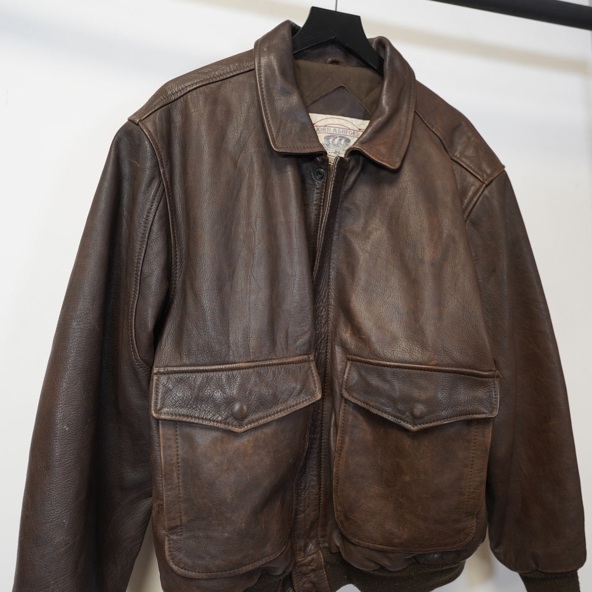 (XL) Vintage John Ashford 100% Leather Bomber Aviator Jacket Men's XL Brown 90s
