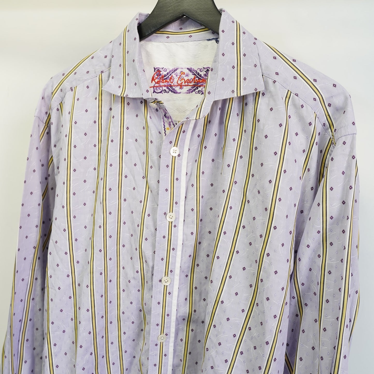 (XXL) Robert Graham Button Up Shirt Men's XXL Floral Flip Cuff Preppy Purple Stripes