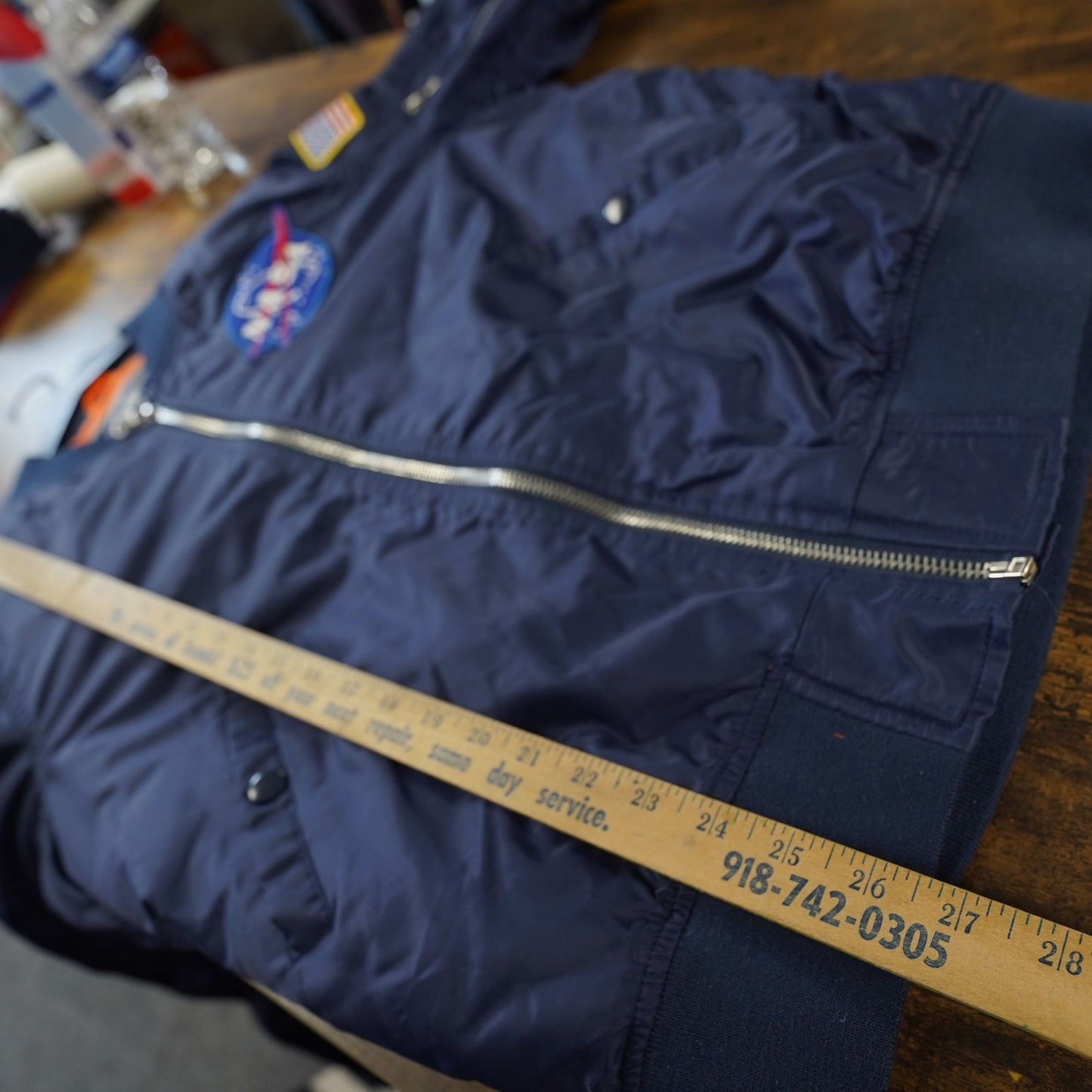 (M) NASA Flight Bomber Jacket Sewn Patch Adult Size Medium Blue Orange Up and Away