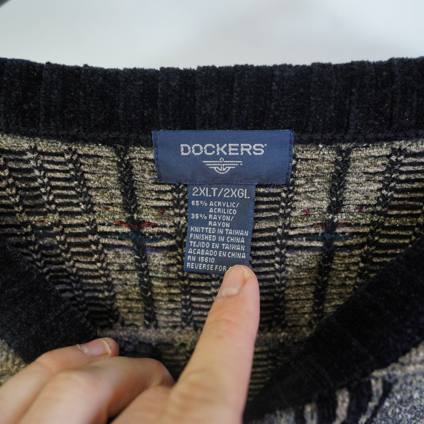 (2XLT) Vintage Dockers 90s Geometric Pattern Knit Sweater Men's 2XLT Tan Black Retro
