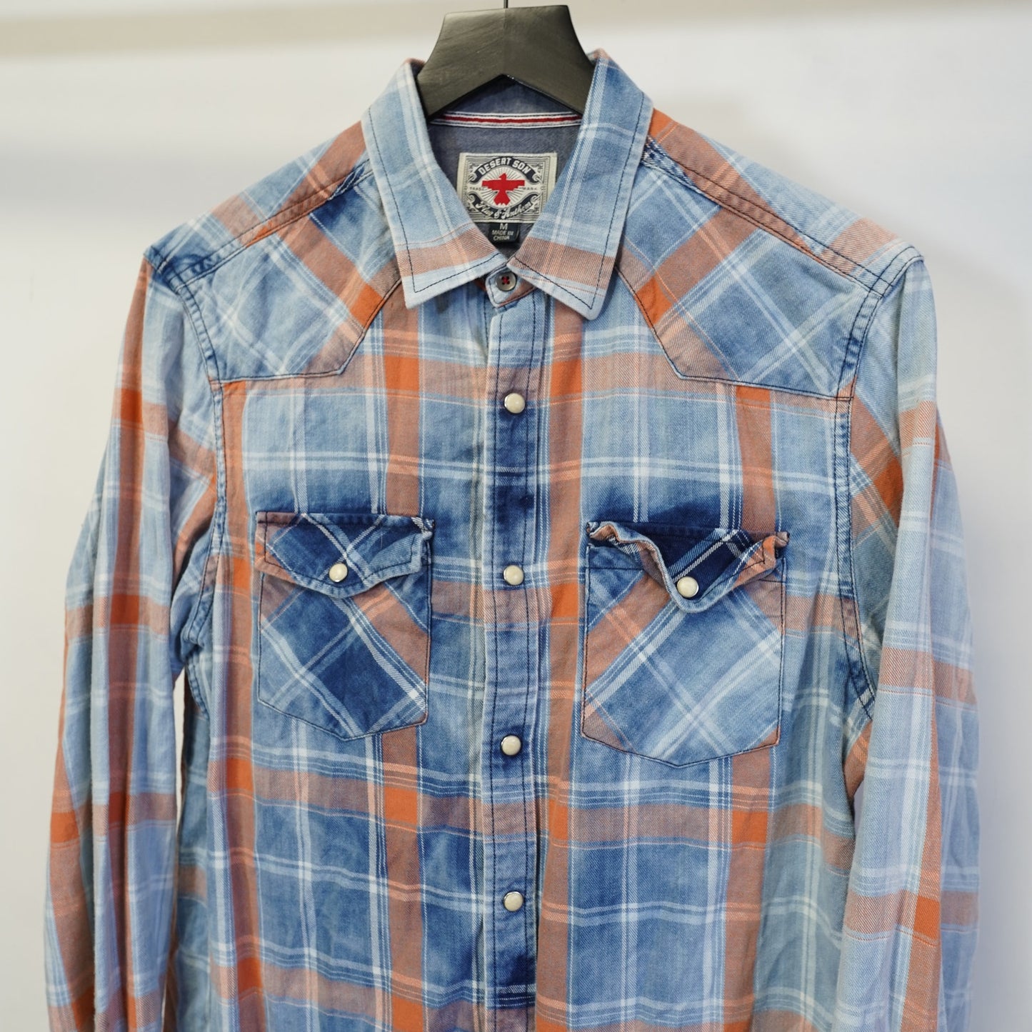 Desert (M) Son Western Pearl Snap Plaid Cowboy Button Up Shirt Men's M Blue Orange