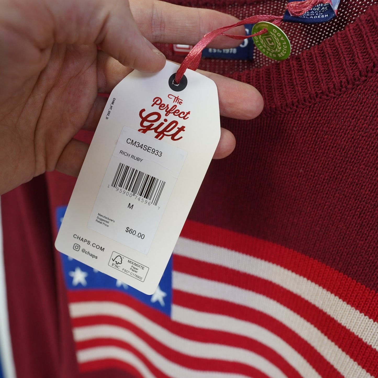 (M) Chaps American Flag USA Sweater Men Size M Crewneck Pullover Knit Rich Ruby New