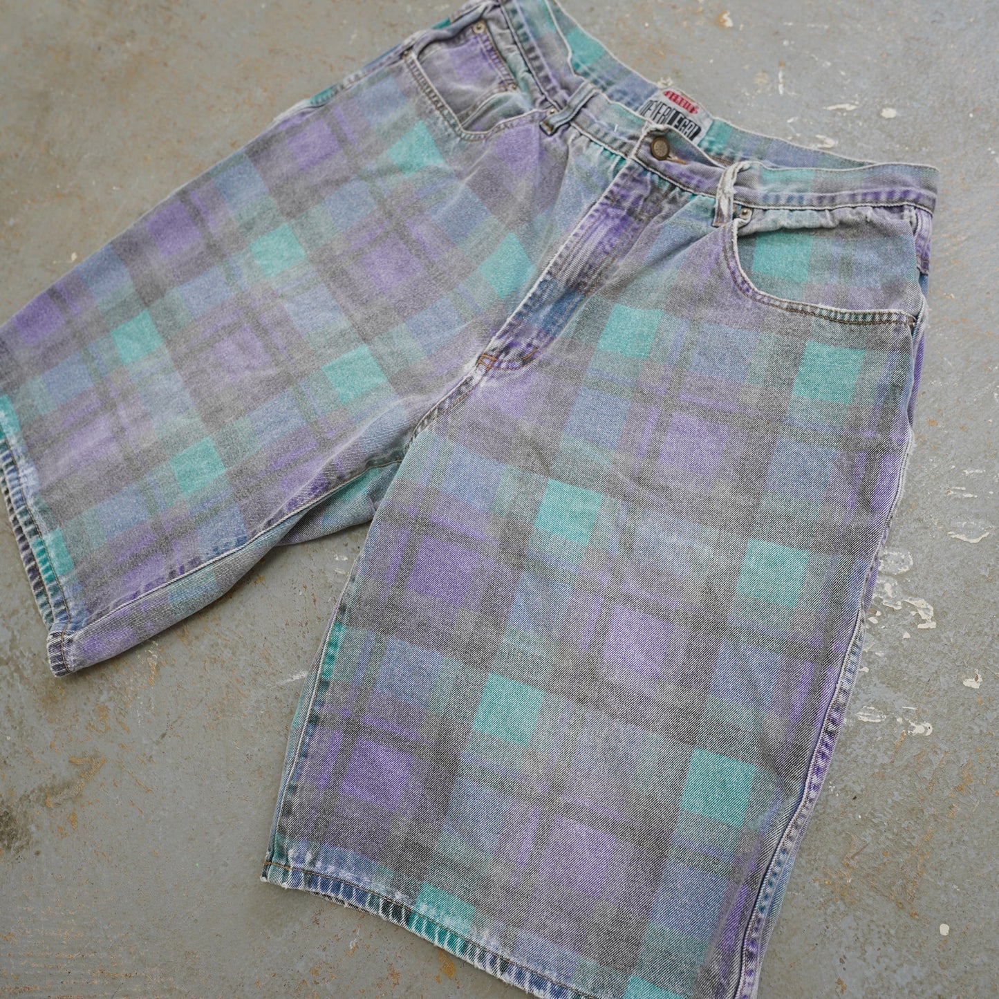 (Men's 36) Vintage 90s Plaid Skater Grunge Baggy Shorts Men's 36 Aqua Purple Retro Surf
