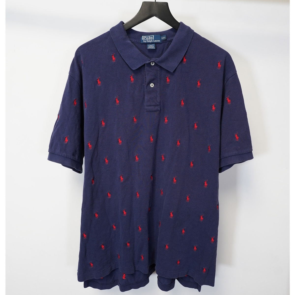 (XXL) Vintage Polo Ralph Lauren All-Over Embroidered Pony Polo Shirt Mens XXL Navy Red