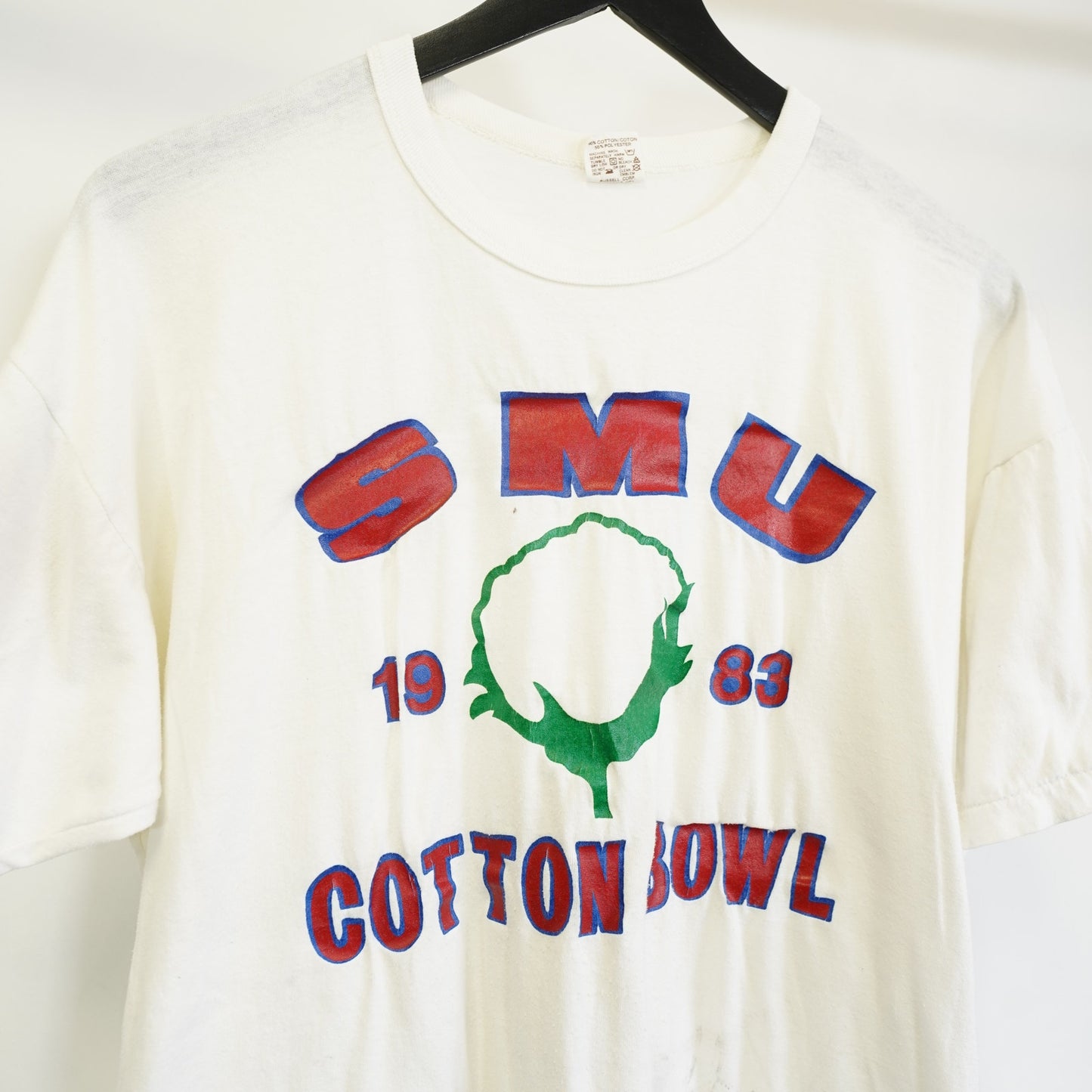Vintage SMU 80s Cotton Bowl T-Shirt Men's XL White Russell Athletic Distressed