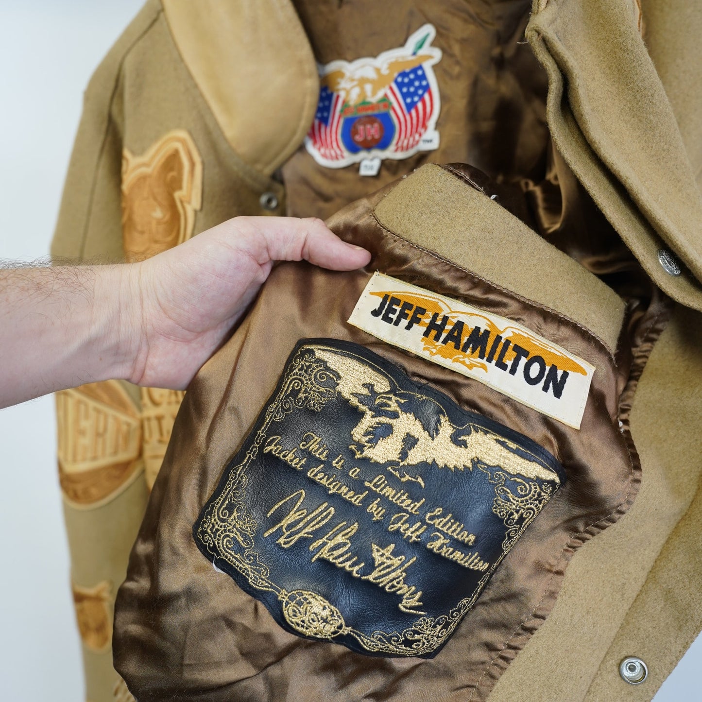 (5XL) Vintage Jeff Hamilton NBA Logo Patch Leather Jacket Men's Tan Wool Hip Hop