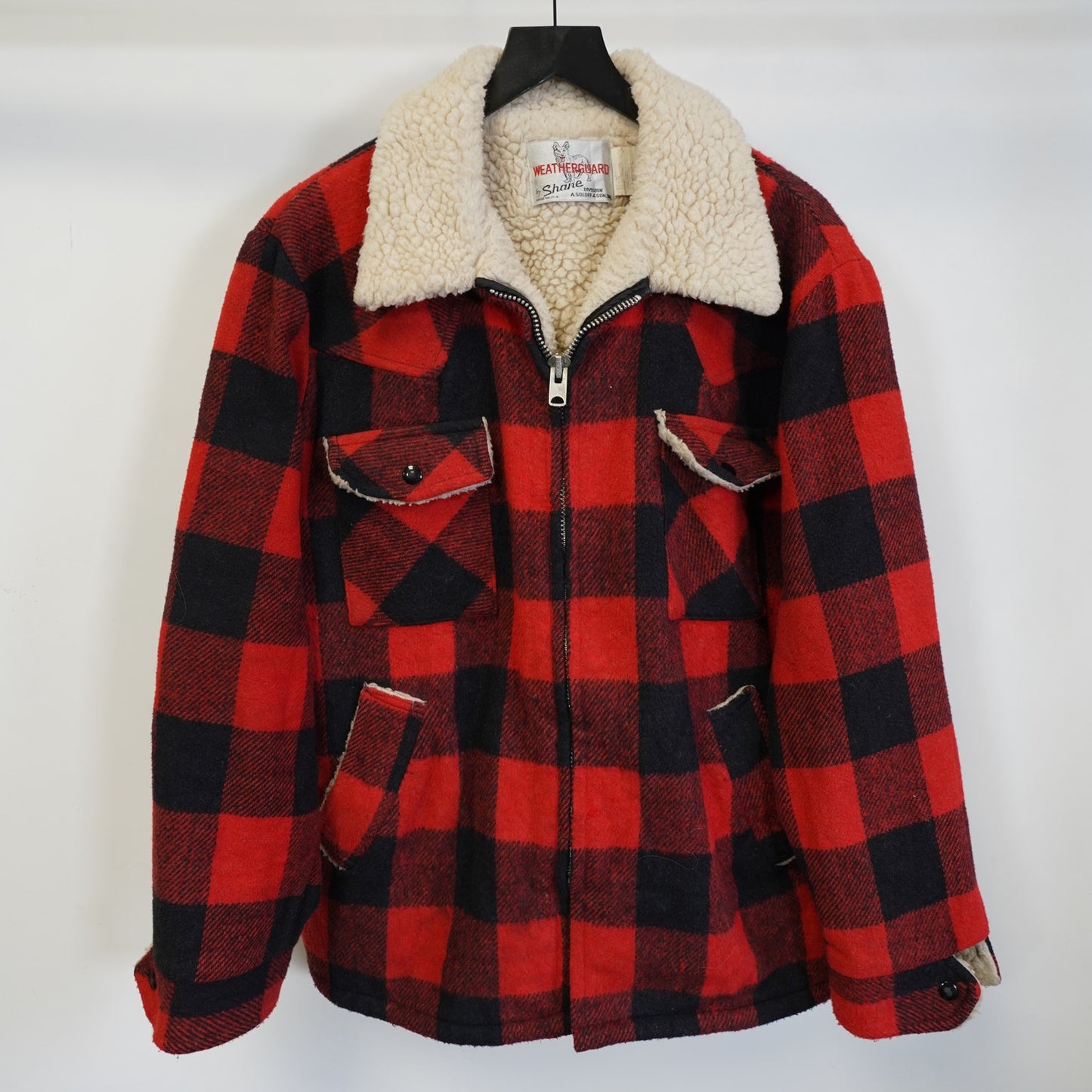 (L) Vintage Shane Sherpa Lined Wool Plaid Jacket Men's L Red 70s-80s Hunter Coat