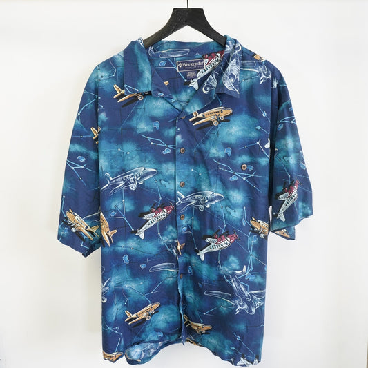 (XXL) Vintage Weekender Airplane Hawaiian Shirt Men's XXL Blue Aviation All Over Print