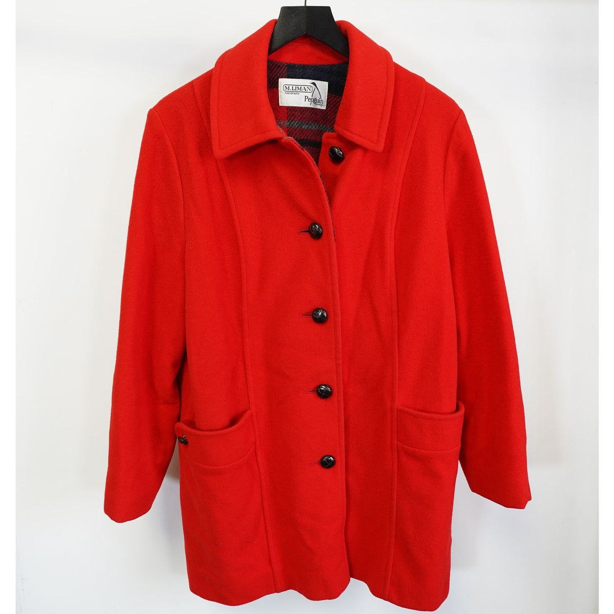 (L) True Vintage M. Liman Co Penguin Fashions Womens L Red Wool Coat w/ Plaid Lining