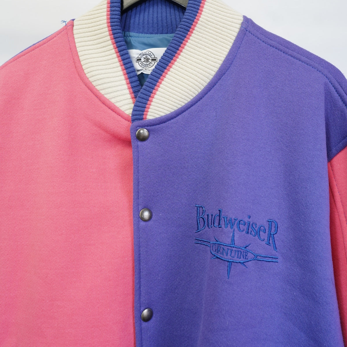 (XL) Vintage 90s Budweiser Pastel Pink & Purple Bomber Jacket Men's XL USA Made 80s
