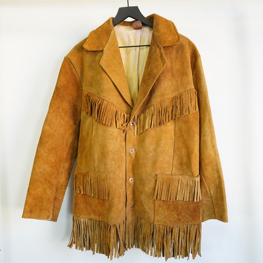 (L) Vintage 1960s-70s Cognac Brown Leather Suede Fringe Western Jacket Hippy