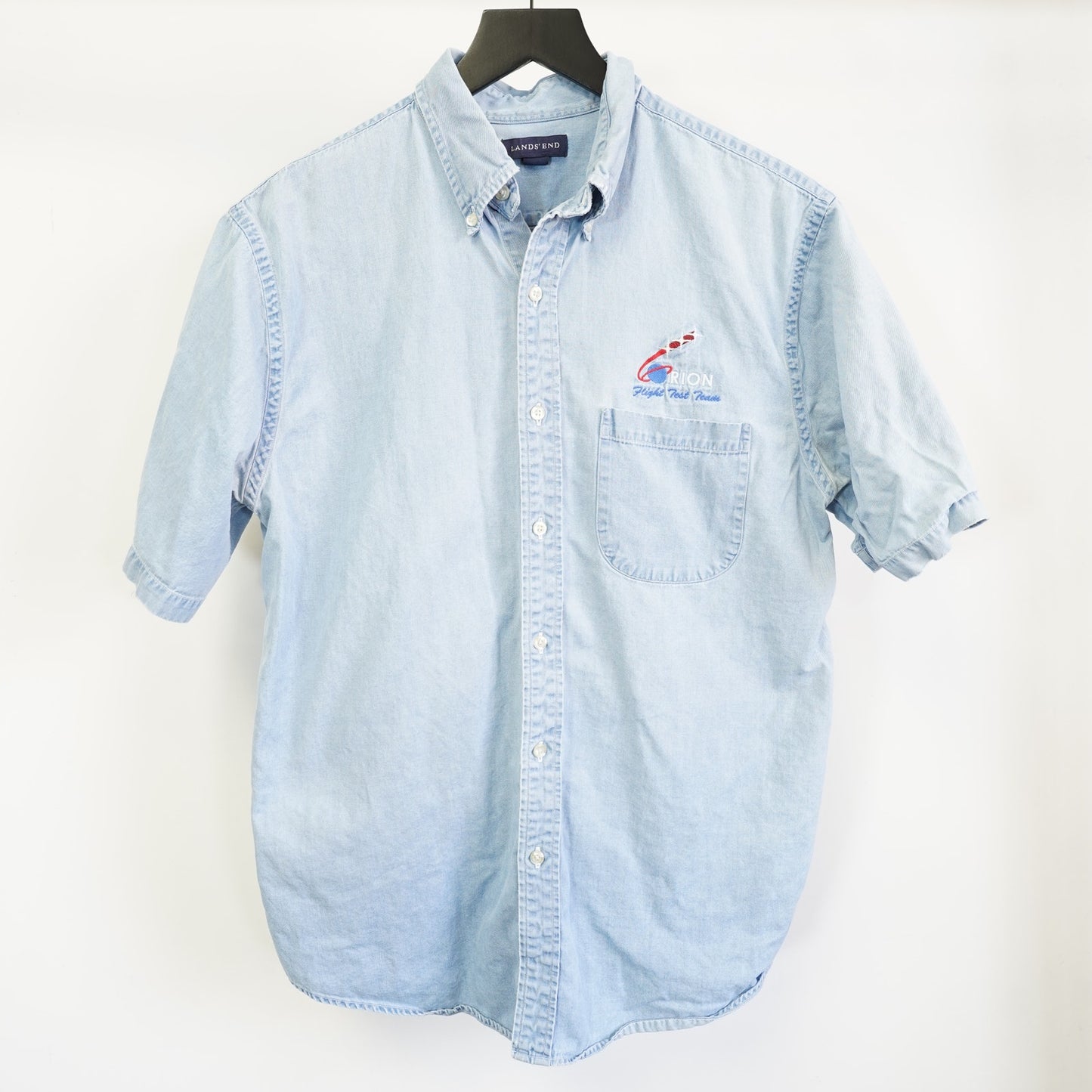 (M) Vintage Nasa Orion Flight Team Denim Button Up Men's M Space Shuttle Aviation