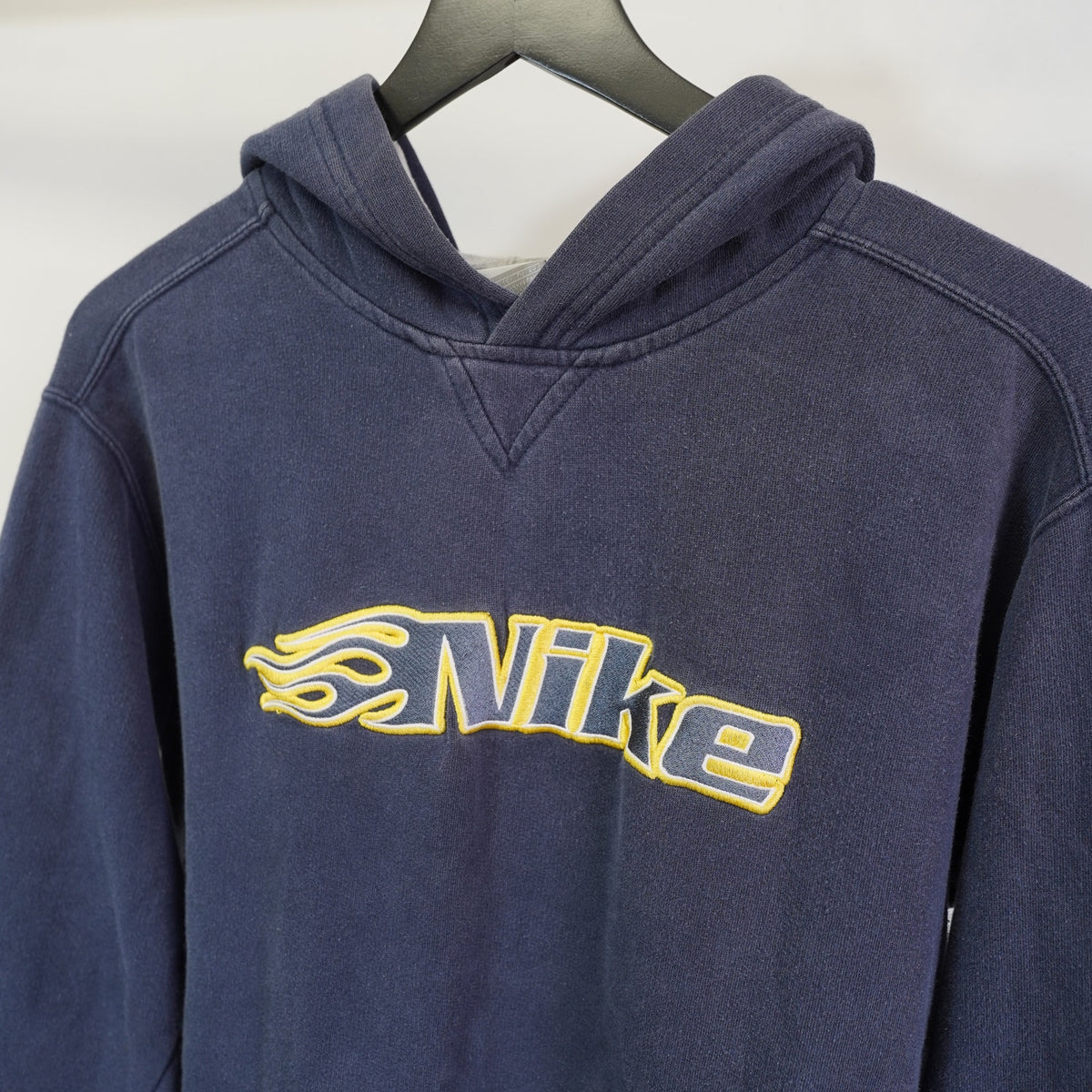 (Men's S) Vintage Nike Y2K Flame Embroidered Hoodie Men's S Youth XL Navy Blue 2000s