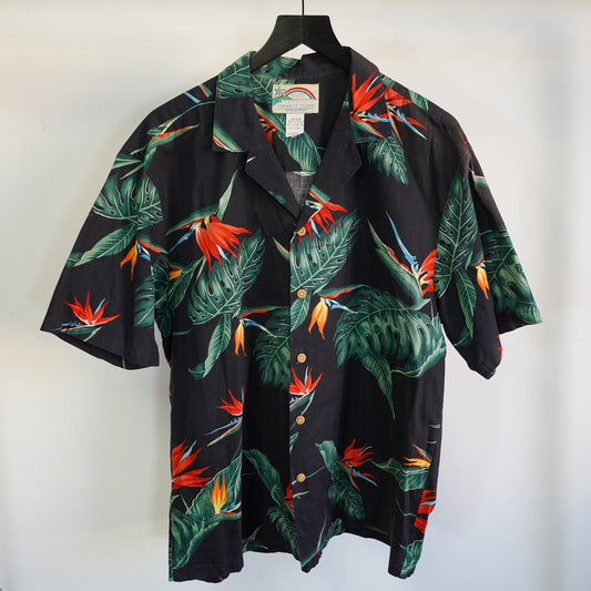 (L) Vintage Paradise Found Tropical Floral Hawaiian Shirt Men's L Black Bird Flower