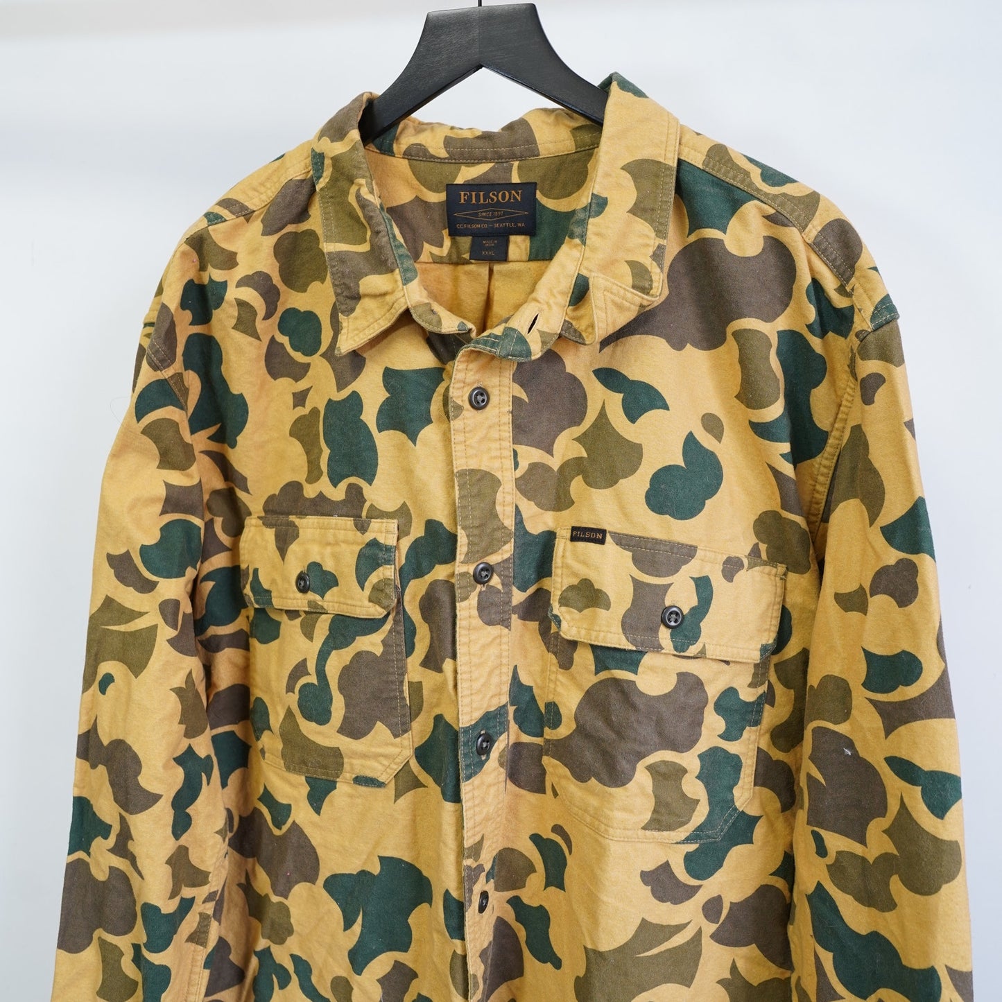 (3XL) Vintage Filson Duck Camouflage Button Up Hunting Shirt Jacket Men's 3XL Outdoors
