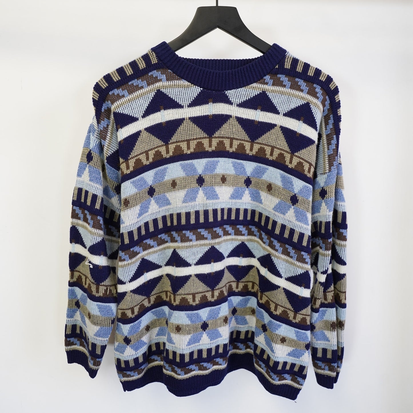 (Women's L) Vintage Kimberly Hunter Collection Geometric Crewneck Knit Sweater Womens L Blue