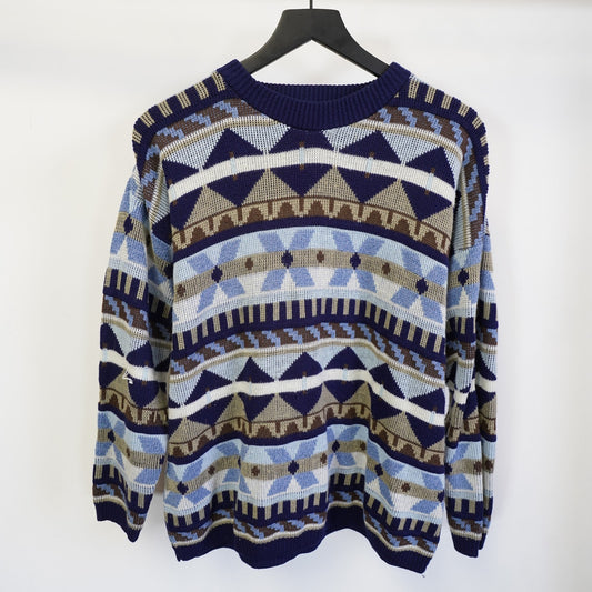 (Women's L) Vintage Kimberly Hunter Collection Geometric Crewneck Knit Sweater Womens L Blue