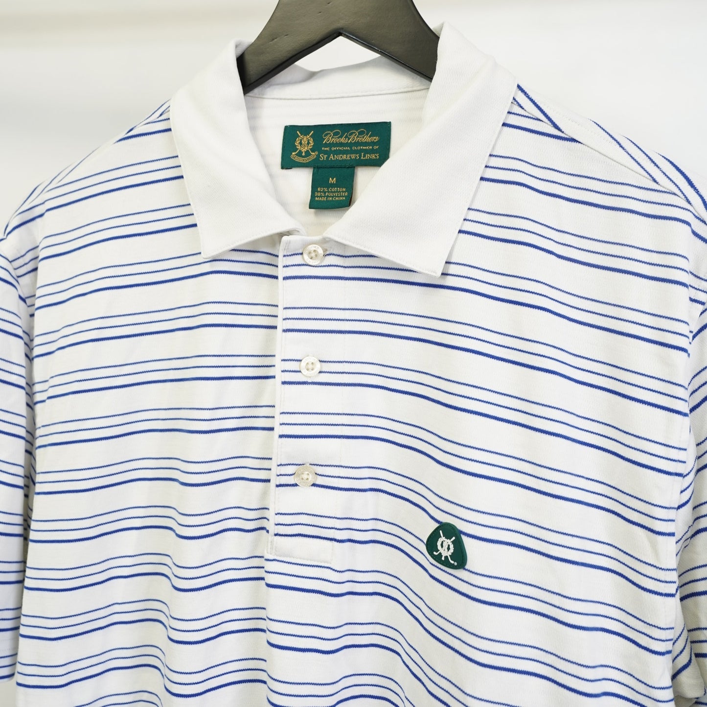 (M) Vintage Brooks Brother St. Andrews Links Golf Shirt Men's M White Striped Blue