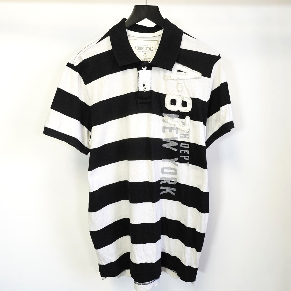 (L) Aeropostale Sewn Striped Y2K Polo Shirt Men's L White Black 2000s Preppy