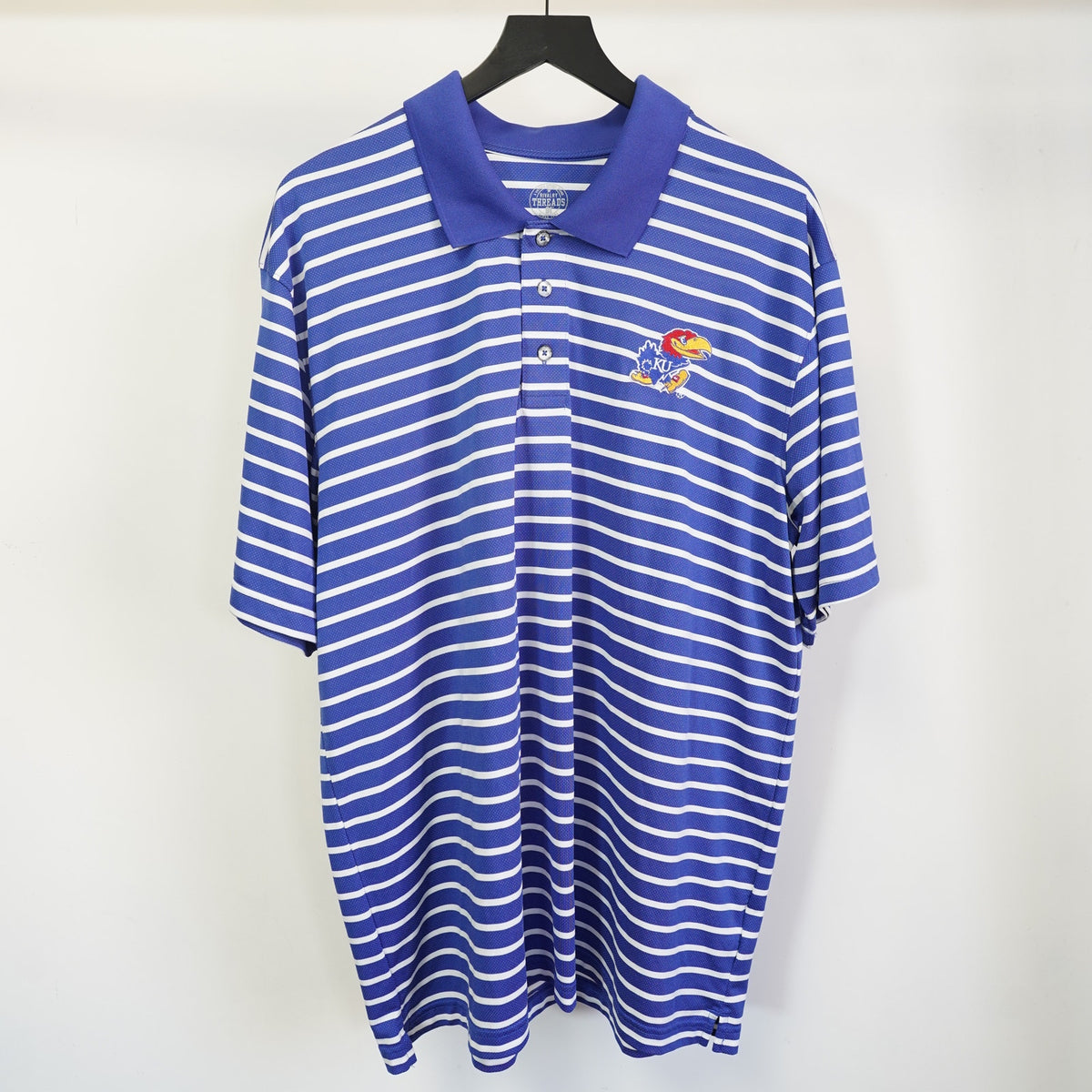 (XL) University of Kansas Jayhawks Embroidered Striped Polo Shirt Men's XL Blue White