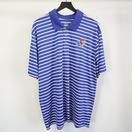 (XL) University of Kansas Jayhawks Embroidered Striped Polo Shirt Men's XL Blue White