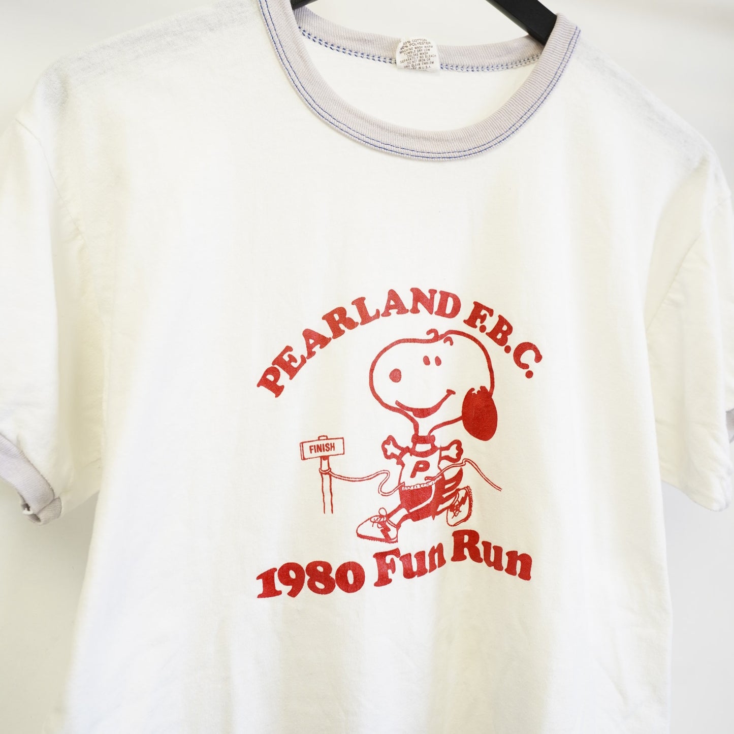 (L) True Vintage 1980 Snoopy Running Ringer T-Shirt Men's L White Pearland Texas