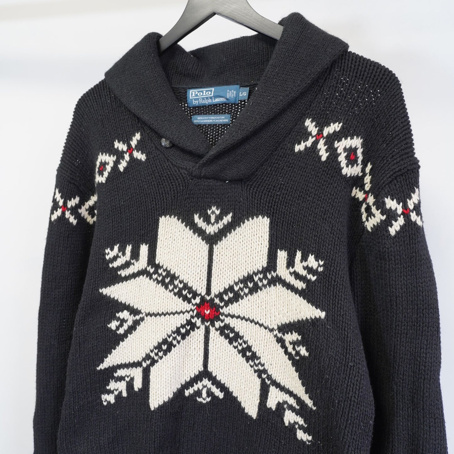 (L) Polo Ralph Lauren Nordic Snowflake Shawl Collar Sweater Men's L Black Cashmere