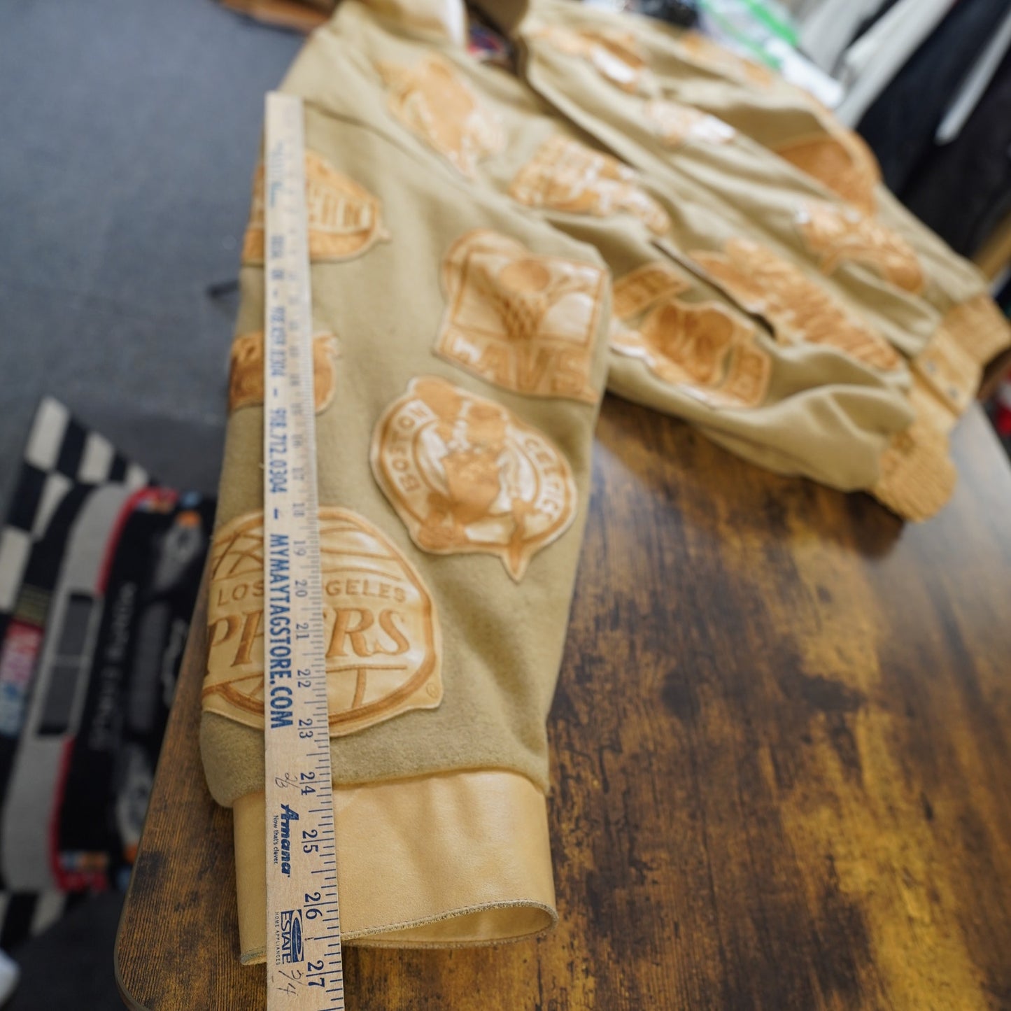 (5XL) Vintage Jeff Hamilton NBA Logo Patch Leather Jacket Men's Tan Wool Hip Hop