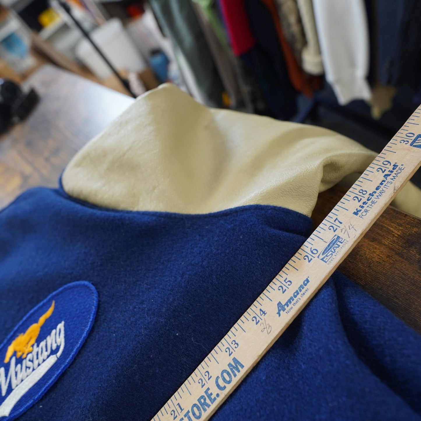 (XL) Vintage Ford Mustang DeLong Varsity Jacket Men's XL Sz. 48 Blue Tan Leather Wool