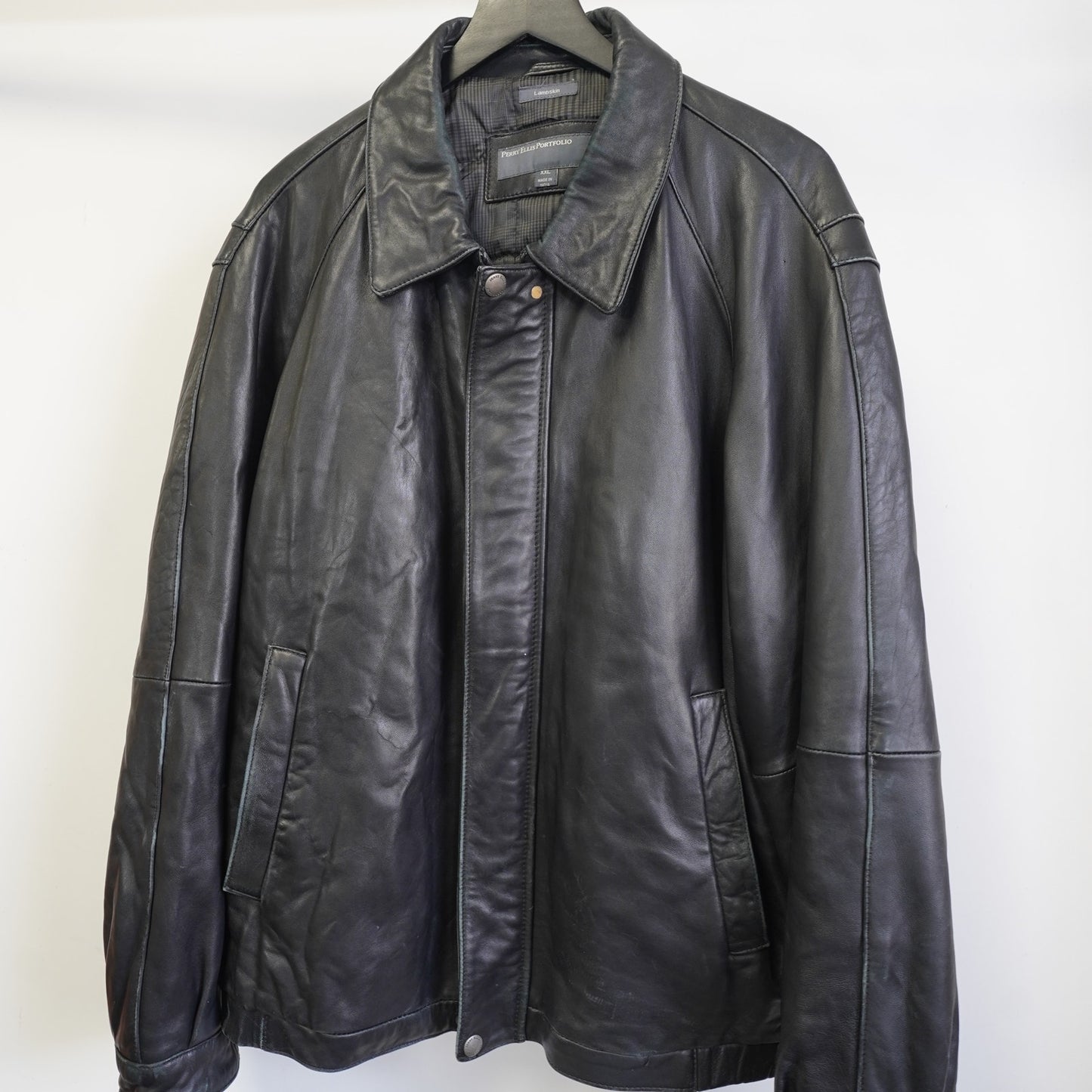 (XXL) Vintage Perry Ellis Lambskin Leather Black Bomber Jacket Men's XXL Pilot Retro