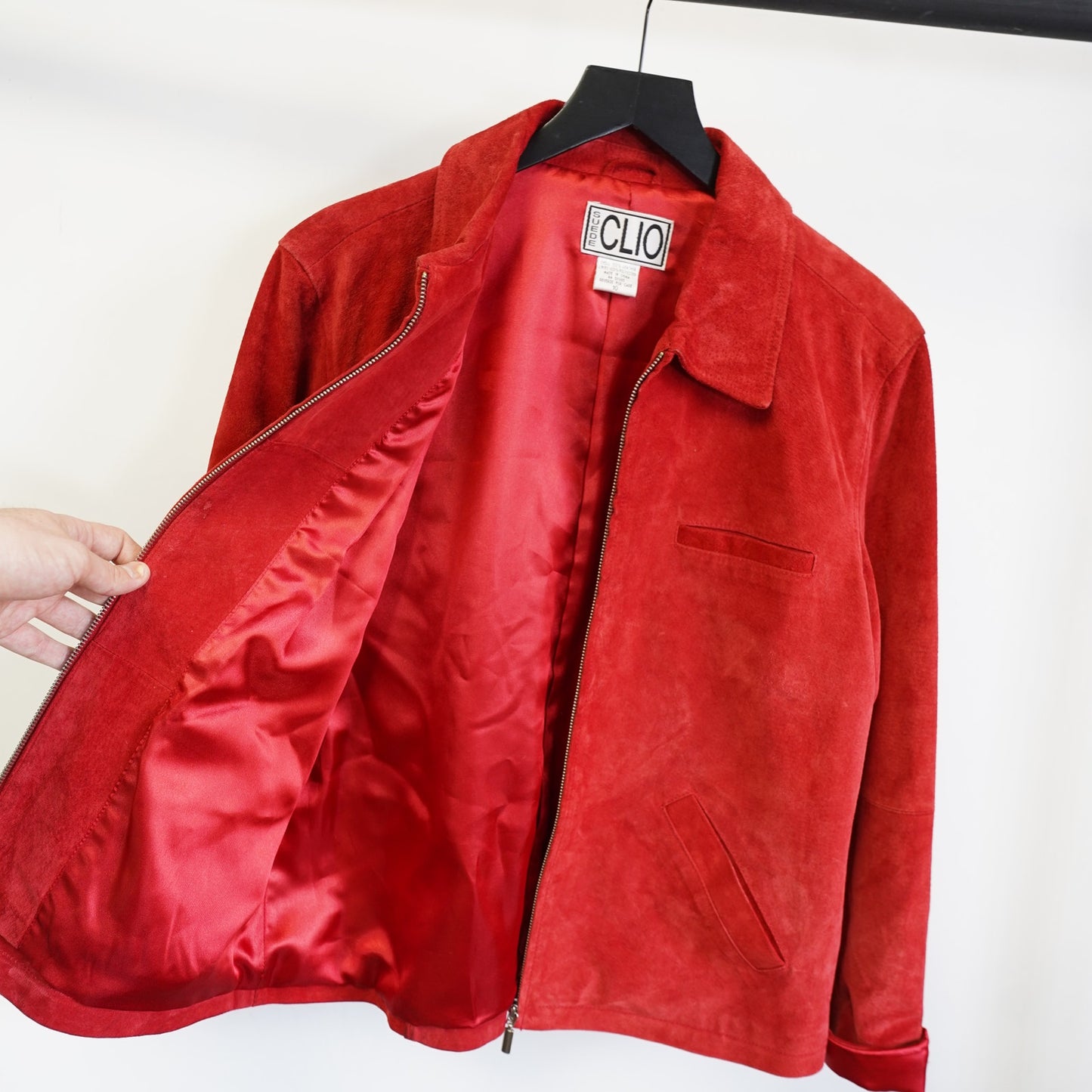 (Women's M) Vintage Clio Red Suede Leather Jacket Women's M Sz. 10 Glam Preppy Full Zip 90s
