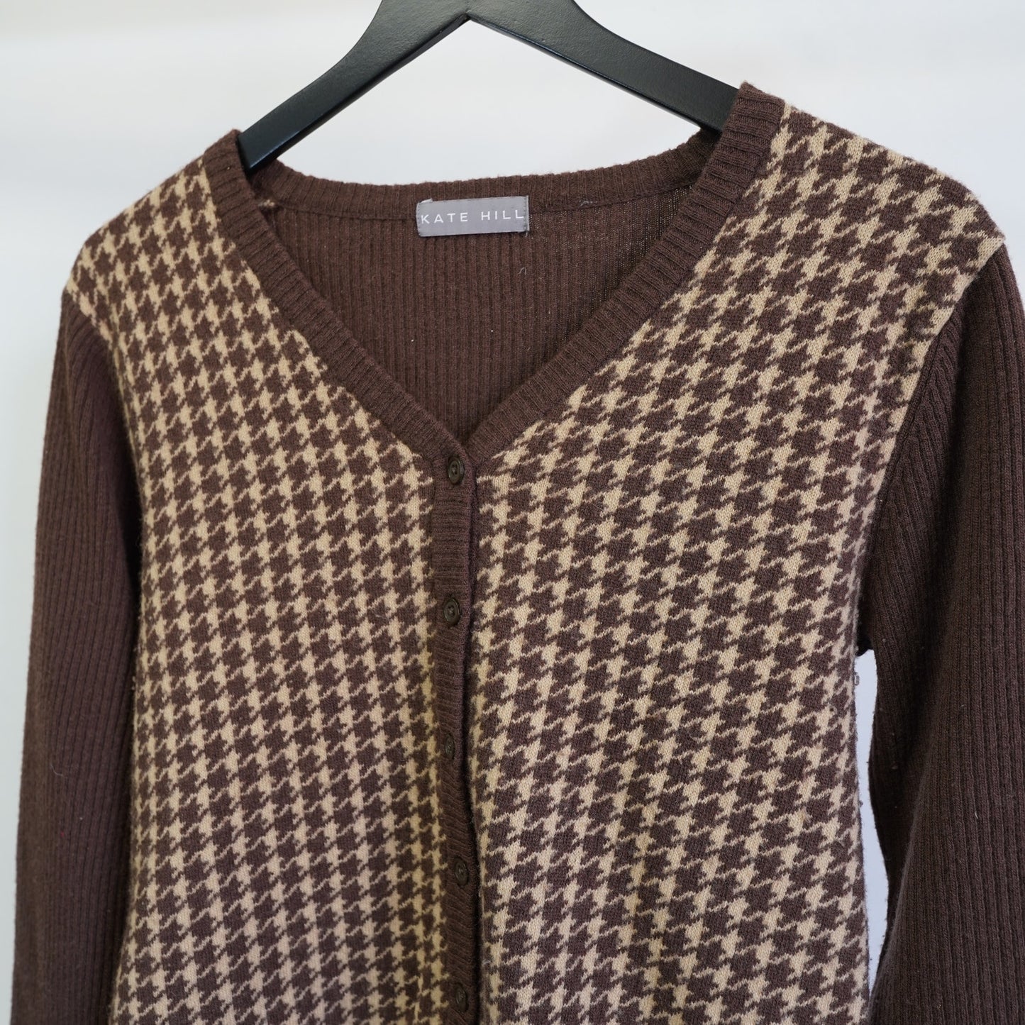 (Women's M) Vintage Kate Hill Houndstooth Cardigan Knit Sweater Women's M Brown Tan Preppy
