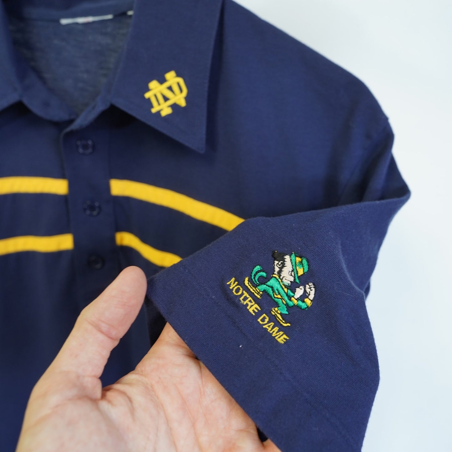 (M) Vintage 80s Notre Dame Dame Fighting Irish Polo Shirt Men's M Sewn Blue Yellow