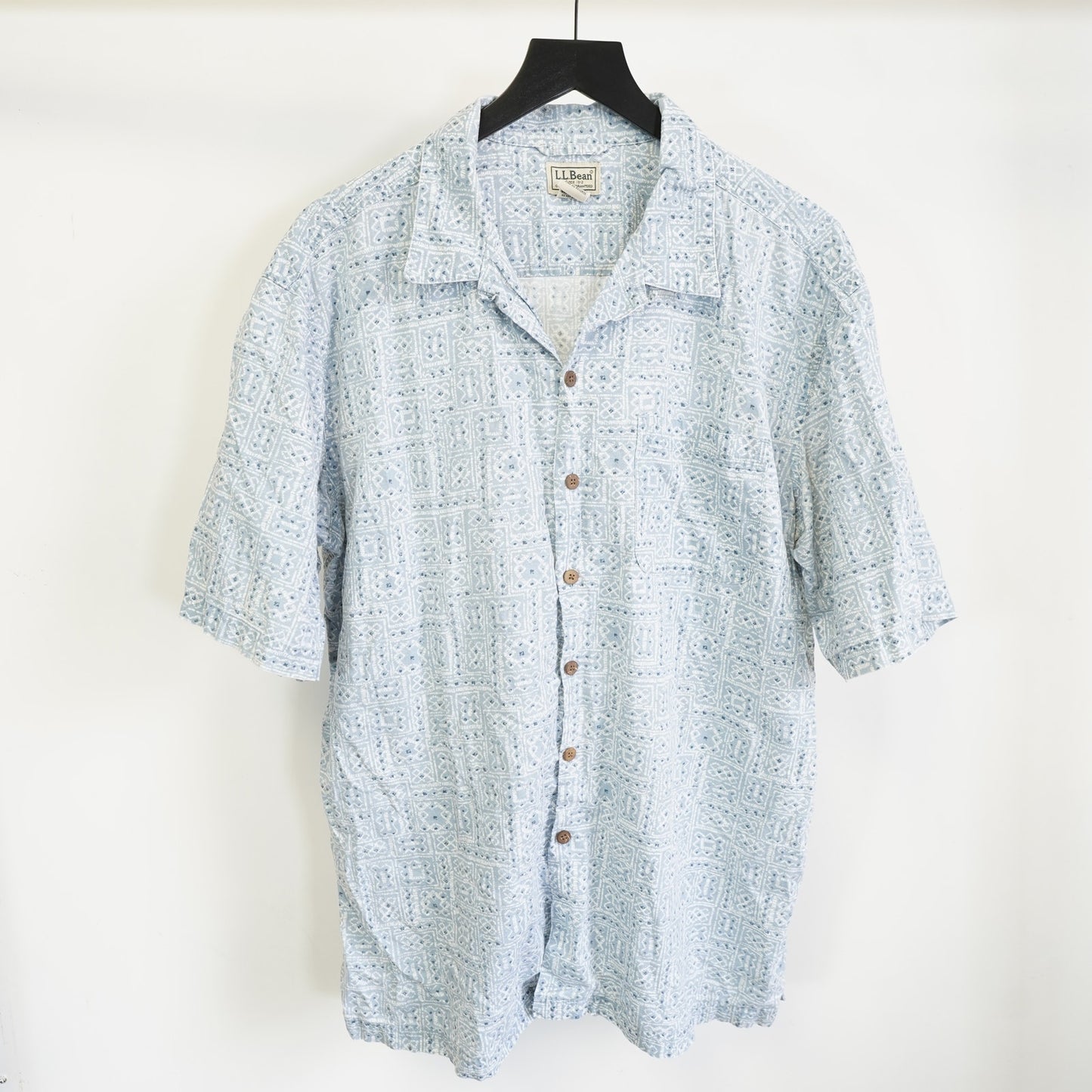 (L) Vintage L.L. Bean Hawaiian Camp Shirt Men's L Tall Blue 90s Retro Hiking AOP