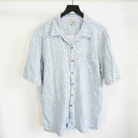 (L) Vintage L.L. Bean Hawaiian Camp Shirt Men's L Tall Blue 90s Retro Hiking AOP