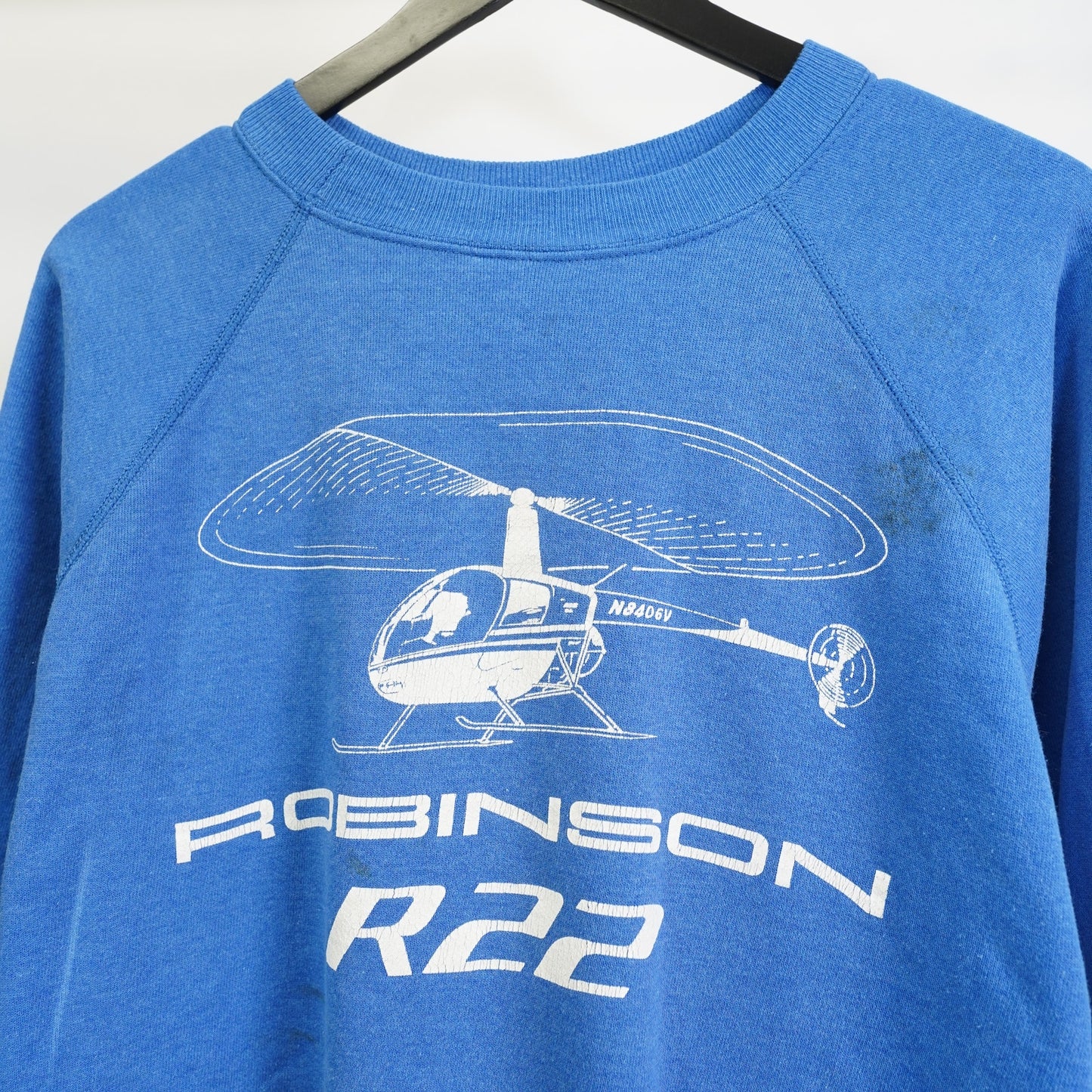 (L) Vintage Robinson R22 Helicopter 80s Sweatshirt Men's L Blue Pilot Indie Retro