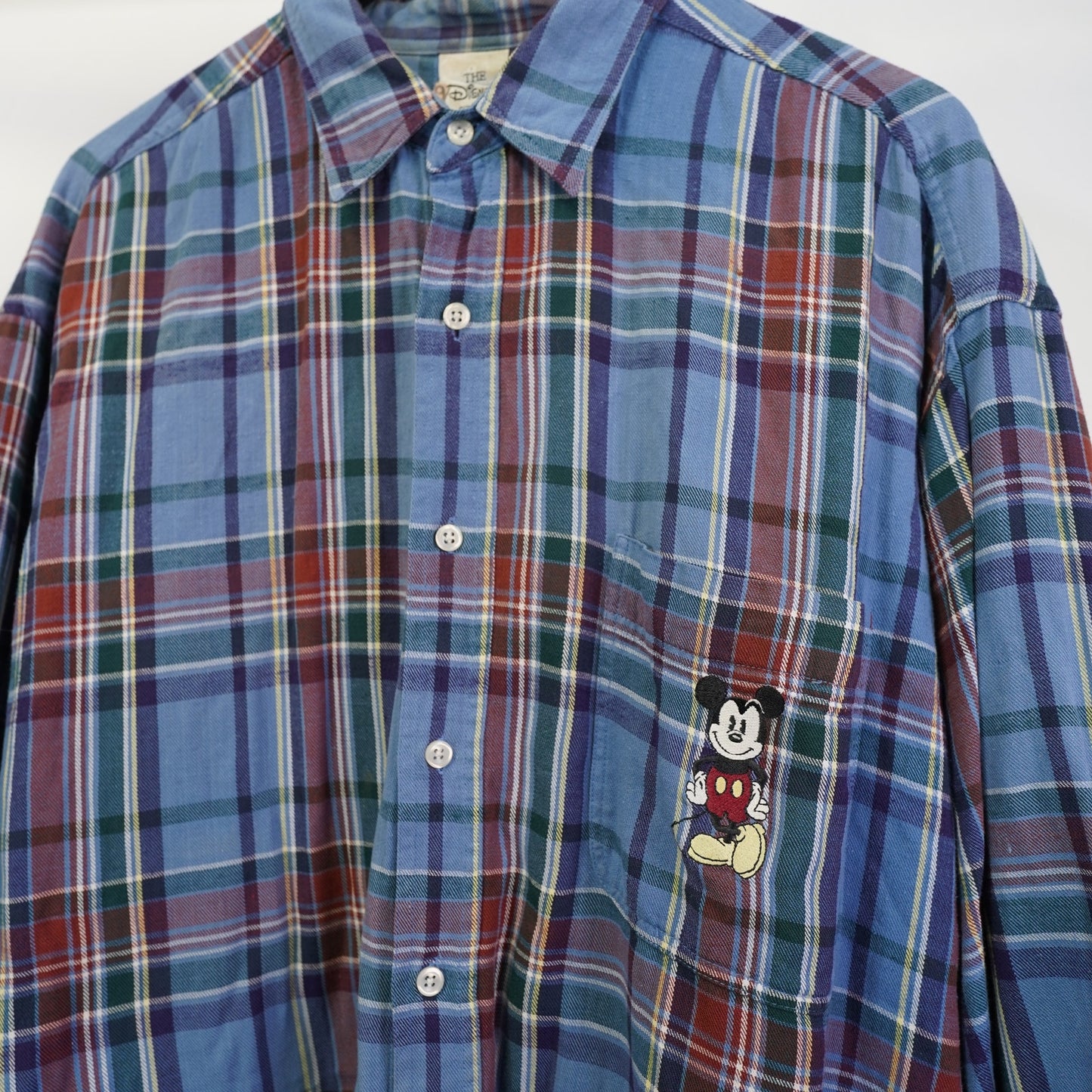 (XL) Vintage Mickey Mouse Disney Flannel Button Up Shirt Men's XL Sewn Blue Plaid