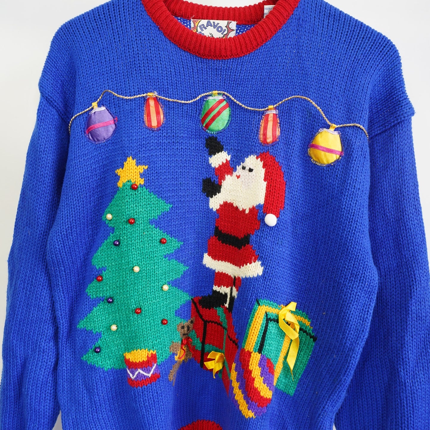 (Women's M) Vintage Bravo Ugly Knit Christmas Sweater Women's M 90s Santa Holiday Blue Sewn