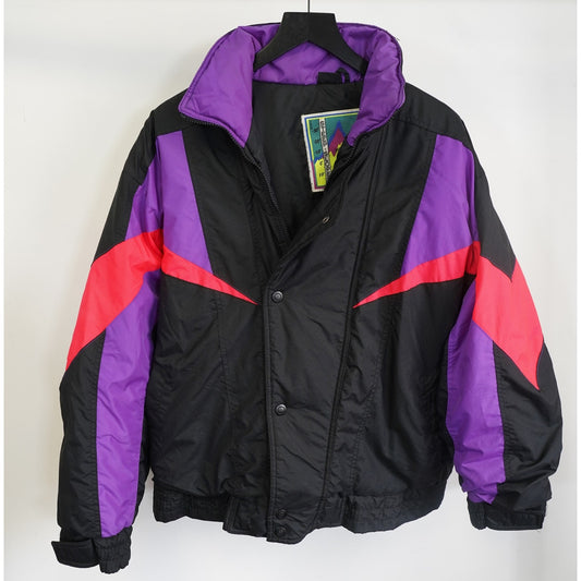 (XL) Vintage 90s Colorblock Steep Slopes Ski Puffer Jacket Men's XL Black Neon Purple