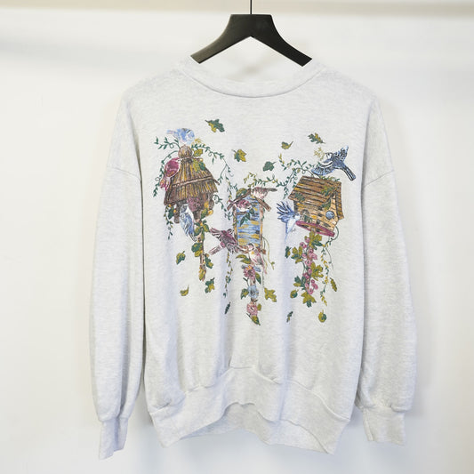 ( Women's XXL) Vintage Birds Granny Core Nature Basic Edition 90s Sweatshirt Gray