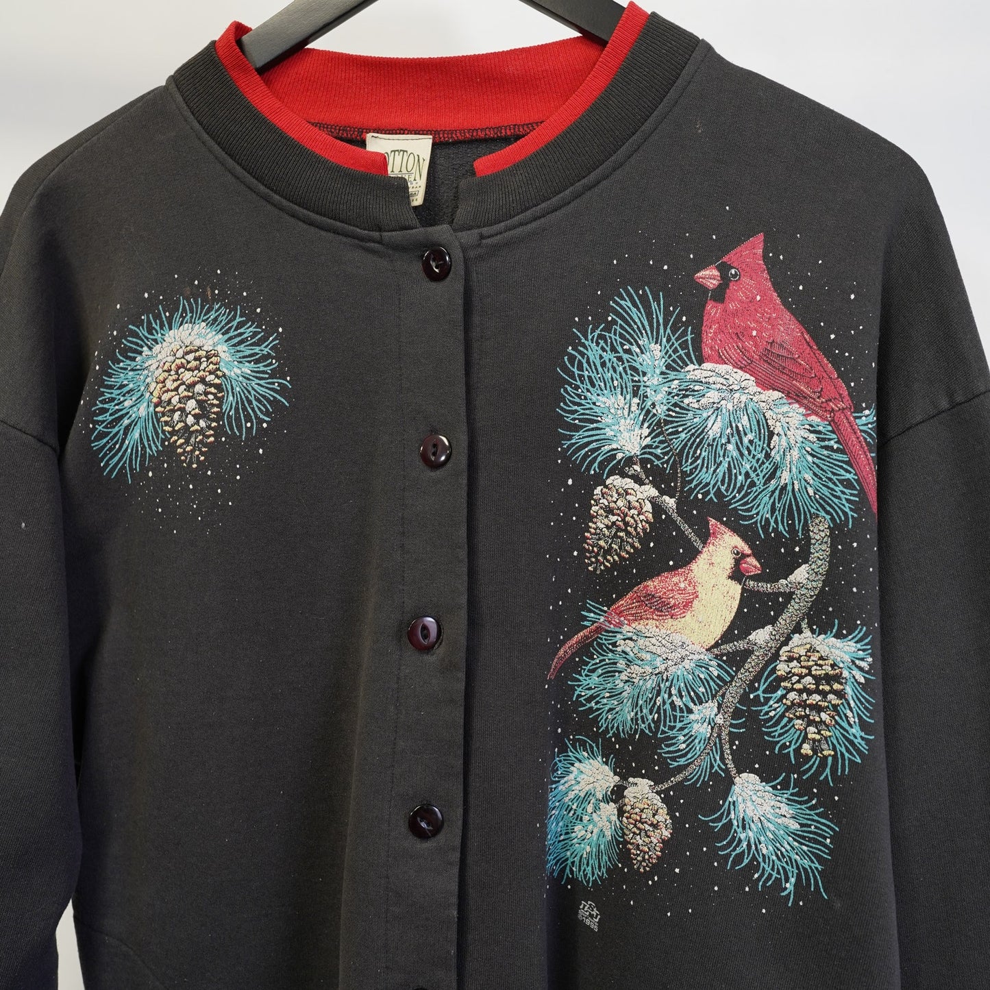 (L) Vintage Grandmother Cardinal Nature Cardigan Sweatshirt Women's L Black Cottage