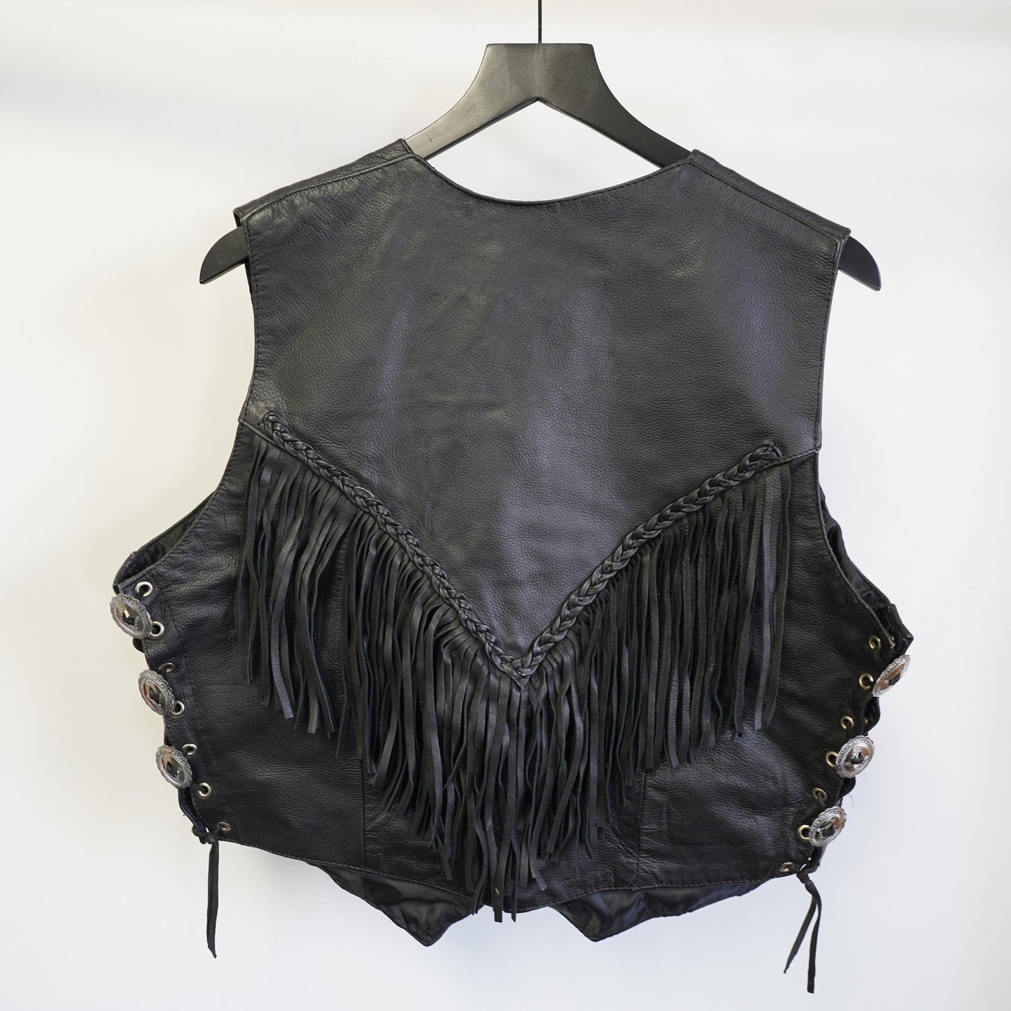 (Women's XL) Vintage Western Leather Unik Biker Vest Fringe Motorcycle Women's XXL Black