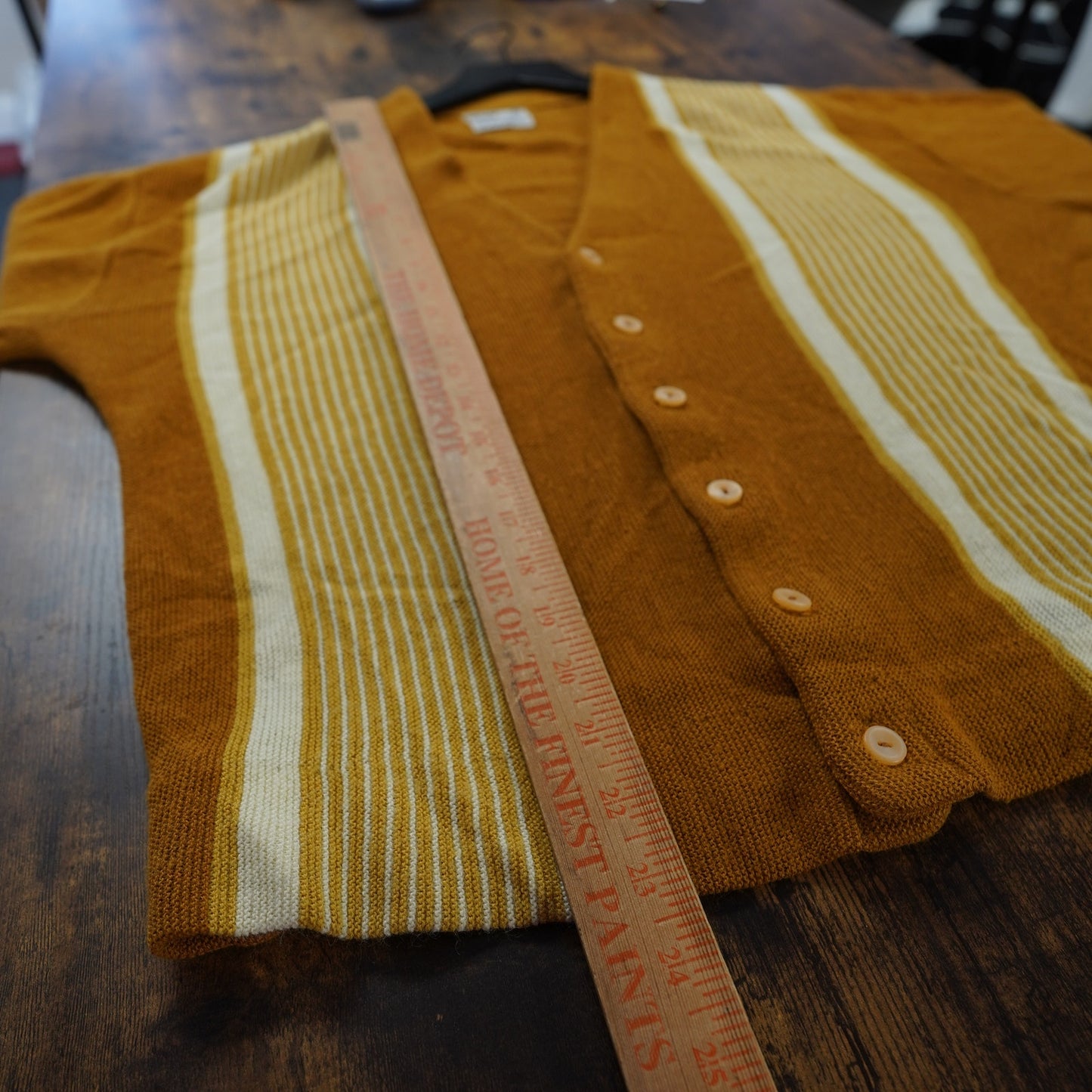 (L) True Vintage 1960s-70s Sears Sportswear Yellow Knit Striped Cardigan Men's L Sweater