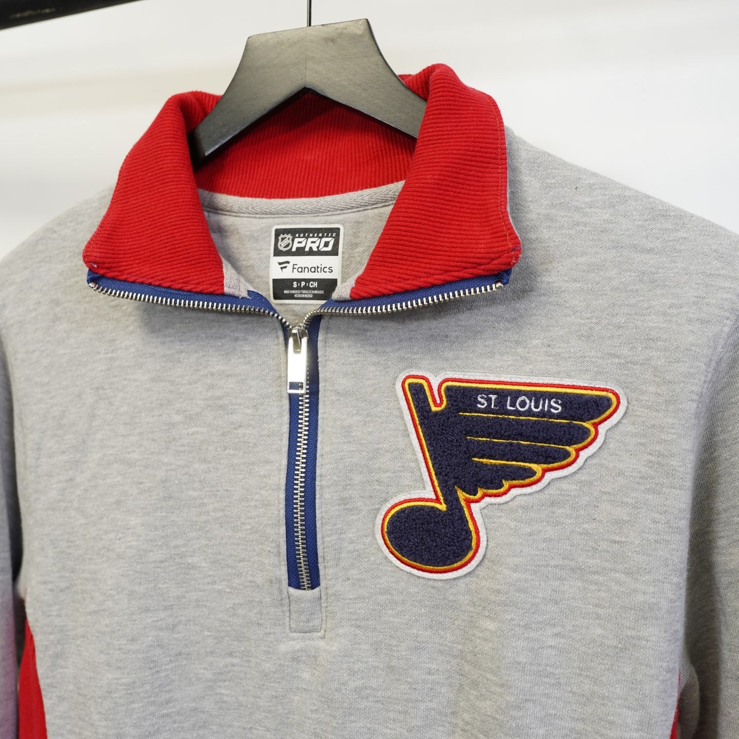 (S) St. Louis Blue Fanatics Hockey Embroidered 1/4 Zip Pullover Jacket Men's S Gray
