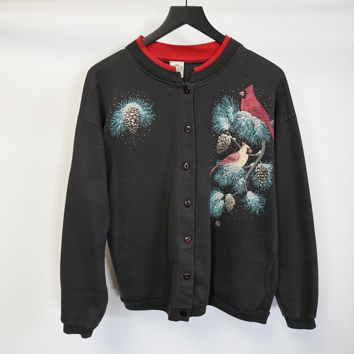 (L) Vintage Grandmother Cardinal Nature Cardigan Sweatshirt Women's L Black Cottage