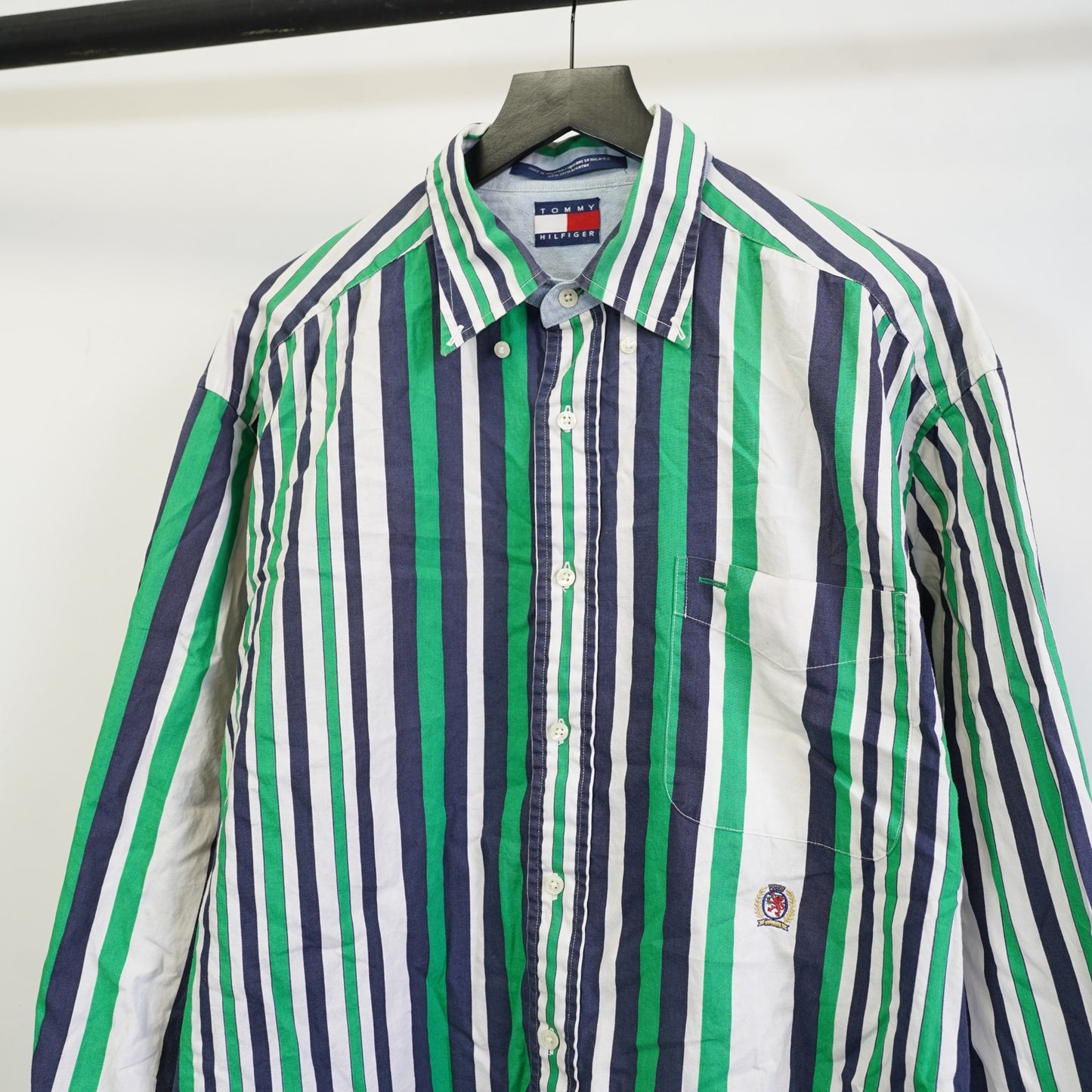 (XL) Vintage 90s Striped Tommy Hilfiger Retro Button Up Shirt Men's XL Green Blue